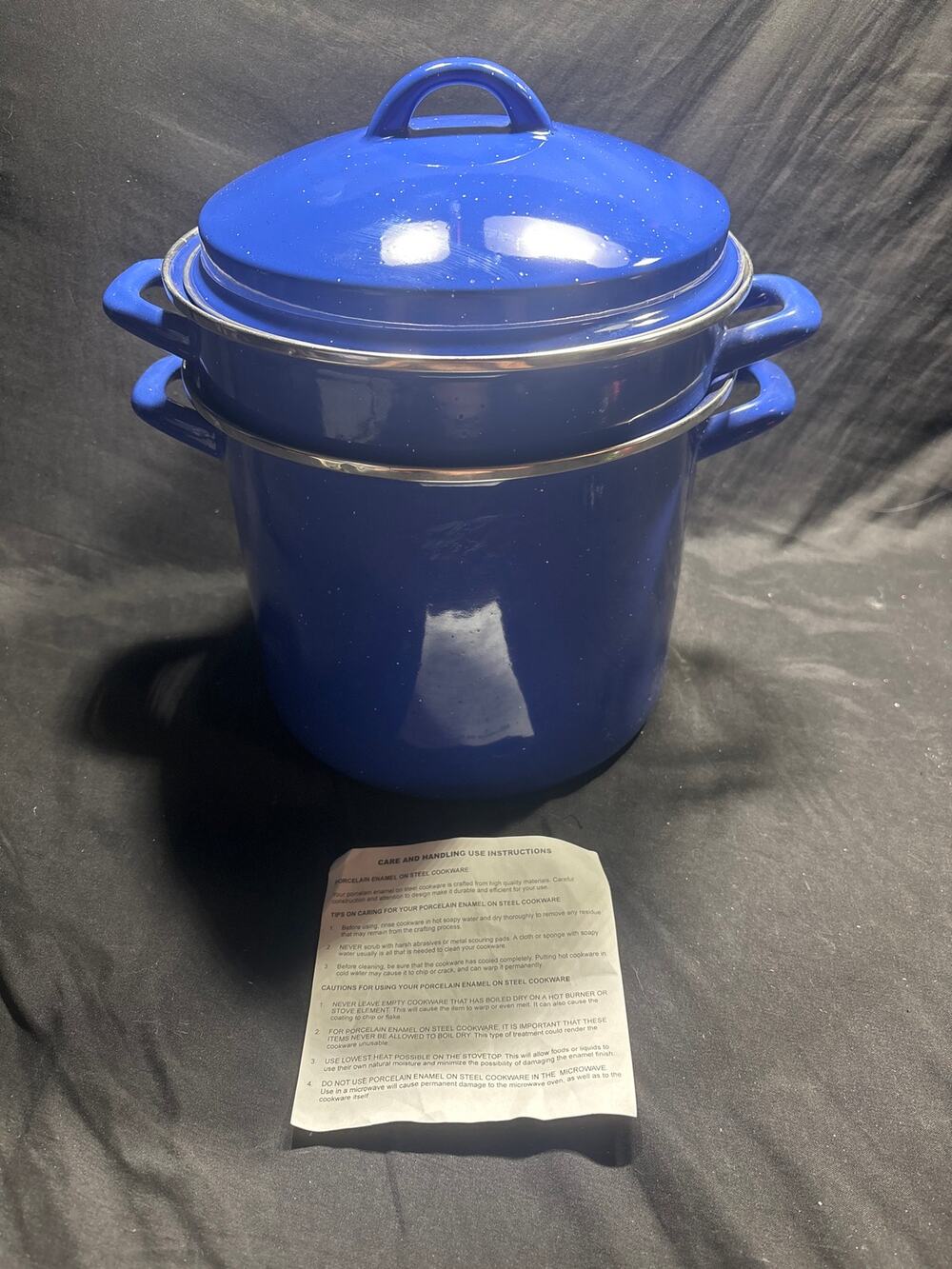 Vintage Cobalt Blue Enamelware Steamer Stock Pot Strainer Insert Lid Thailand